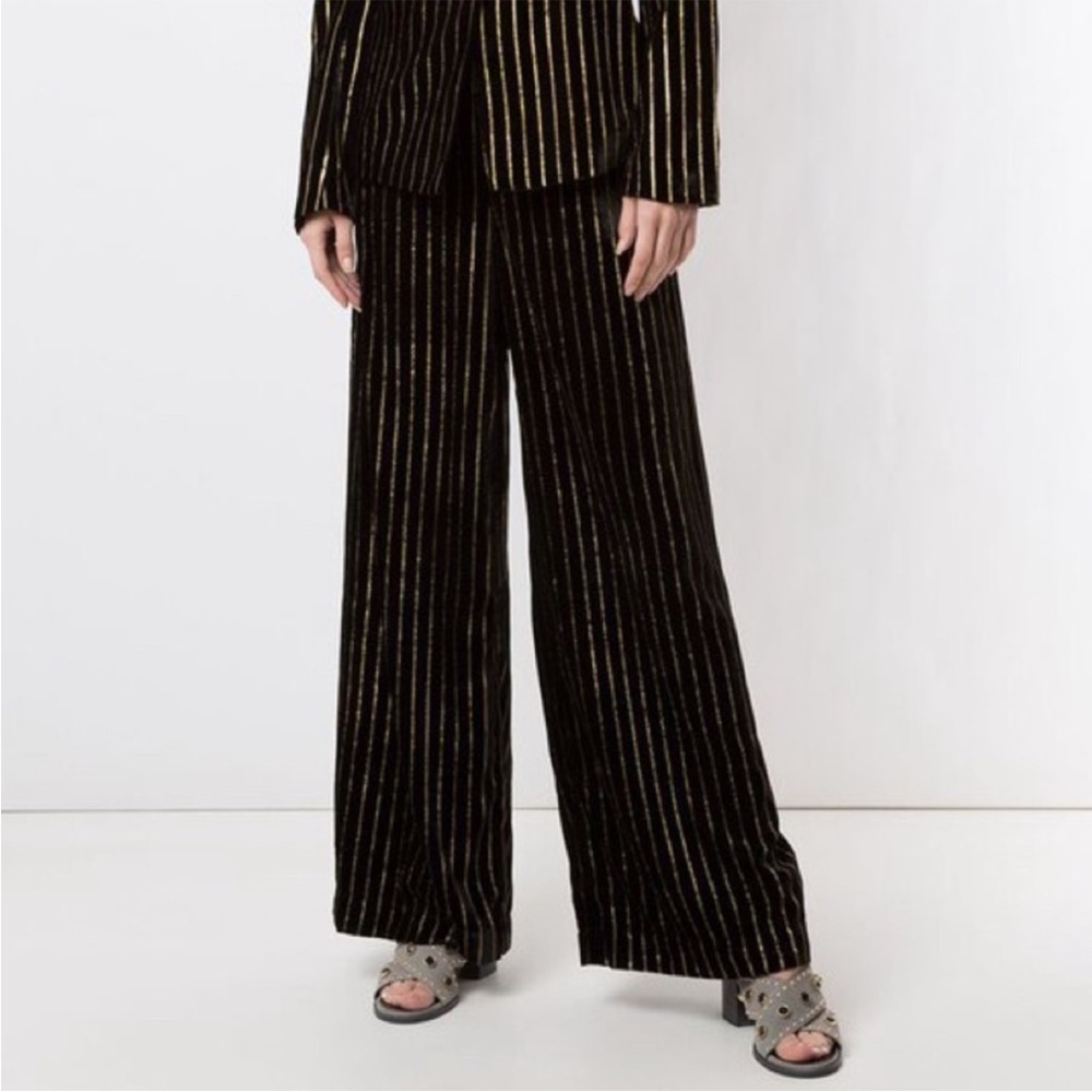 Zara Black Velvet Gold Metallic Pin Stripe Wide Leg Pants